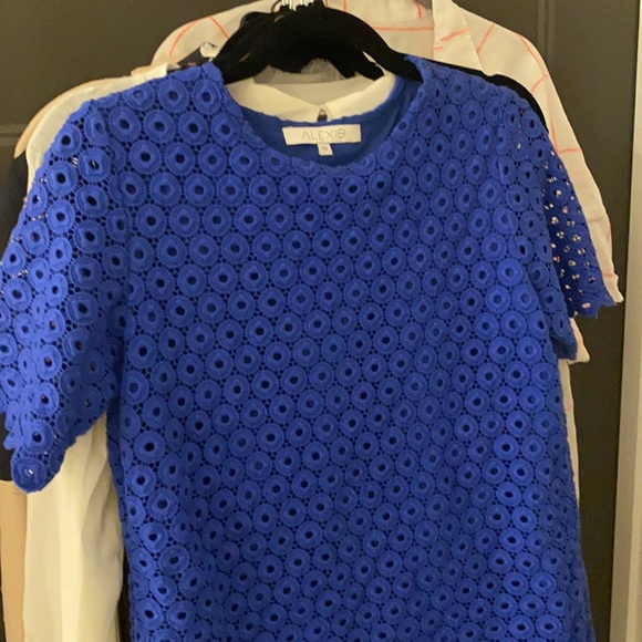 ALEXIS Blue Short Sleeve Crochet Top Worn ONCE S - Picture 4 of 5